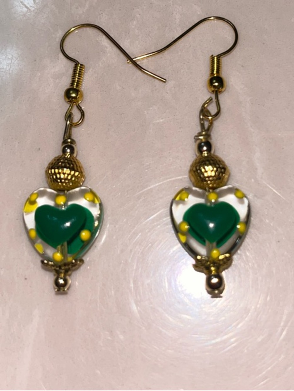 Green Heart Glass Drop Earrings with Gold Accents - Women Jewelry